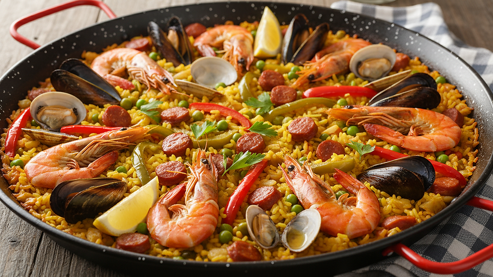 Close-up view of a traditional Spanish paella pan filled with colorful seafood and rice