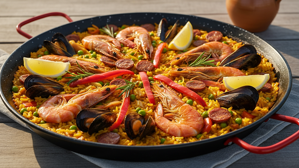 Eye-level view of a traditional paella pan filled with colorful seafood and rice