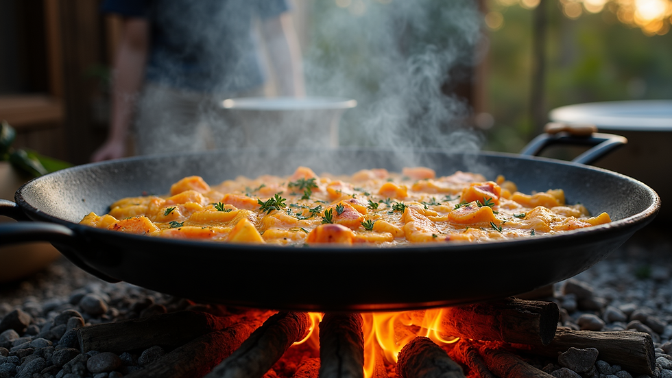 Eye-level view of a large paella pan cooking over an open flame