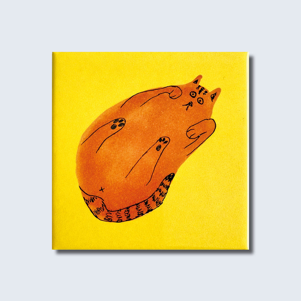 Magnet. Illustration of chubby orange cat staring down at viewer against bright yellow background, in a simple, playful style
