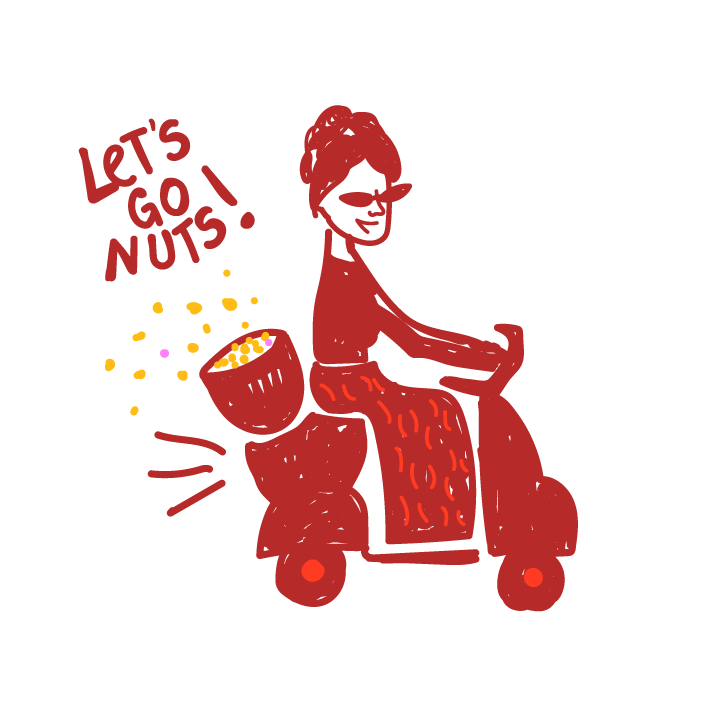 illustration of a woman sitting on a scooter with a basket of nuts with the inscription let's go nuts.