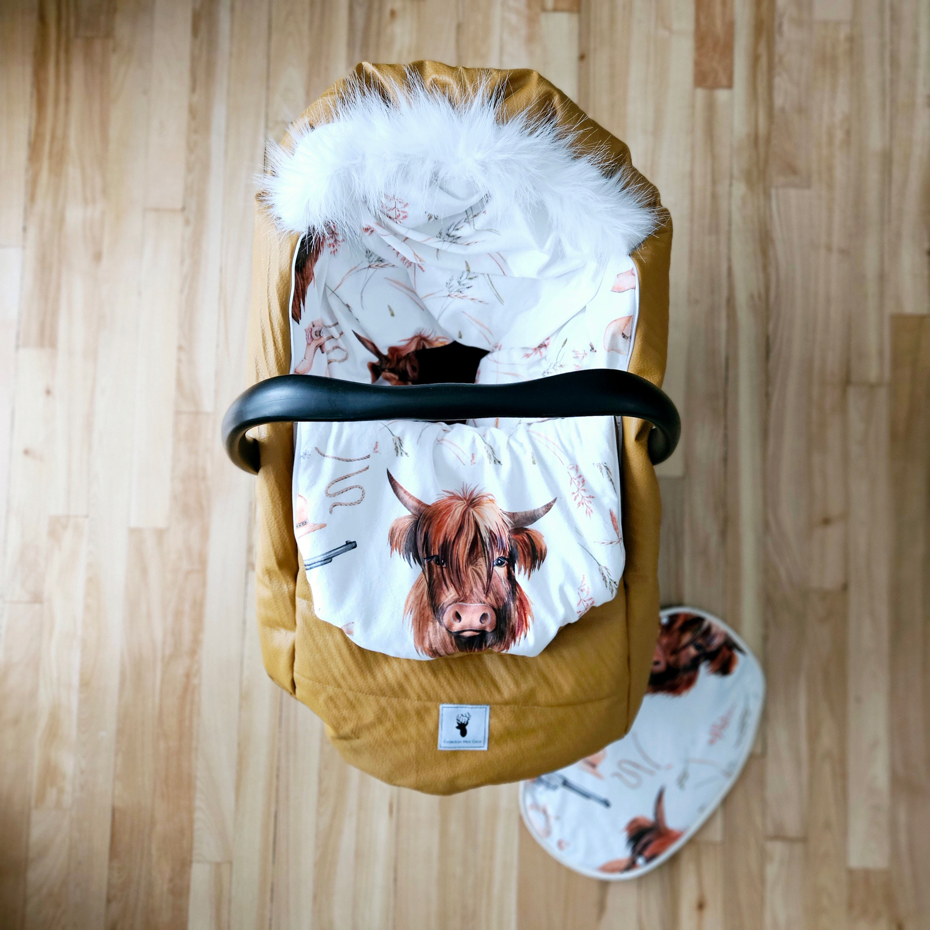 Housse de coquille hiver | Minky vache highland et cuir vegan tan