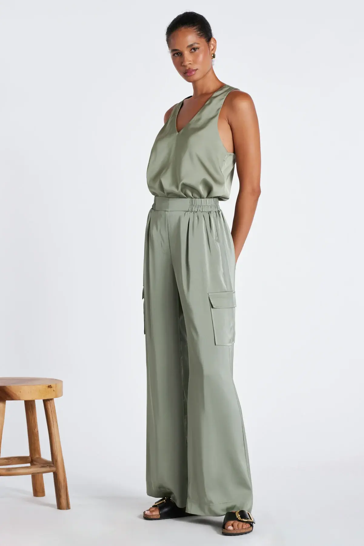 Pull-On Satin Cargo Pants