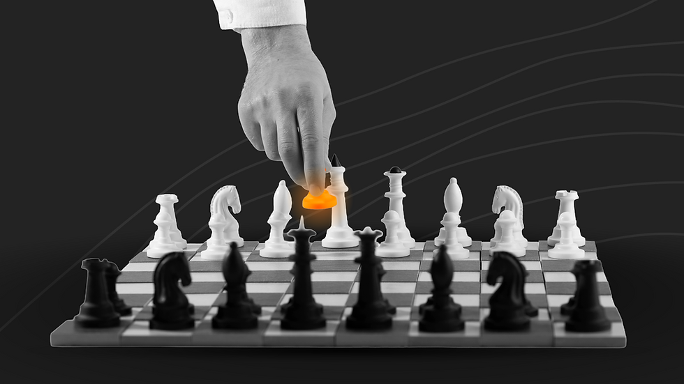 Hand moves a glowing orange chess piece on a monochrome chessboard against a dark background.