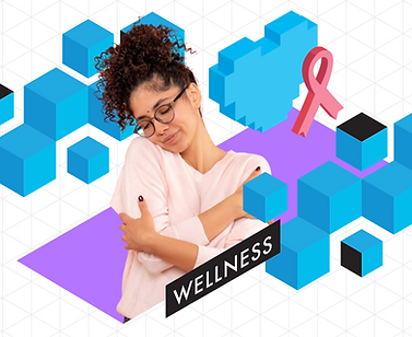 Smiling woman with glasses hugs herself on a purple platform beside a pink ribbon and the word WELLNESS among blue cubes.