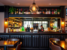 Cozy upscale bar interior with warm globe pendant, stocked liquor shelves, a bartender, and empty tables.