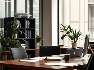Modern office with empty chairs, wooden desk, laptop, papers, and potted plants by large windows.