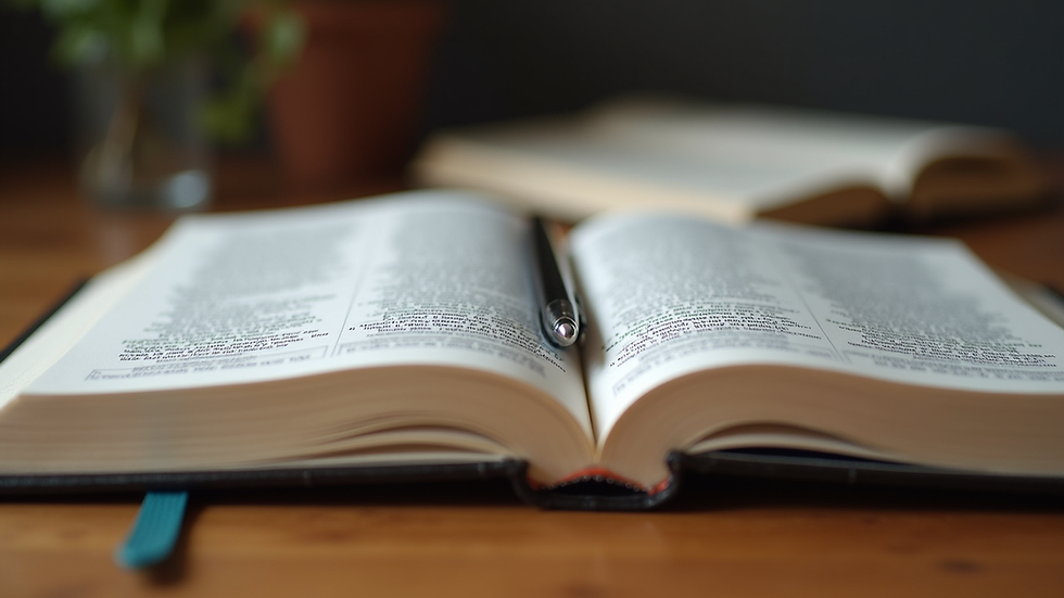 Eye-level view of an open Bible with a notebook and pen on a wooden table