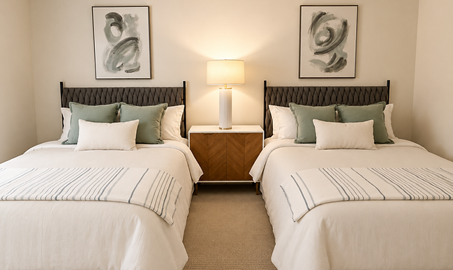 Staged bedroom at Wellington with two dark tufted upholstered headboards, sage green and cream pillows, a wood nightstand with chevron drawer fronts between the beds, a white ceramic table lamp, gray abstract paintings above each bed, and white bedding with gray striped throws, set against soft beige walls and neutral carpet.