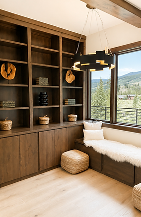 Wide view of built-in wood shelving at the Independence single-family home with round live-edge wood decor, books, a black ring chandelier, a cushioned window seat with a woven pouf, and forest views.