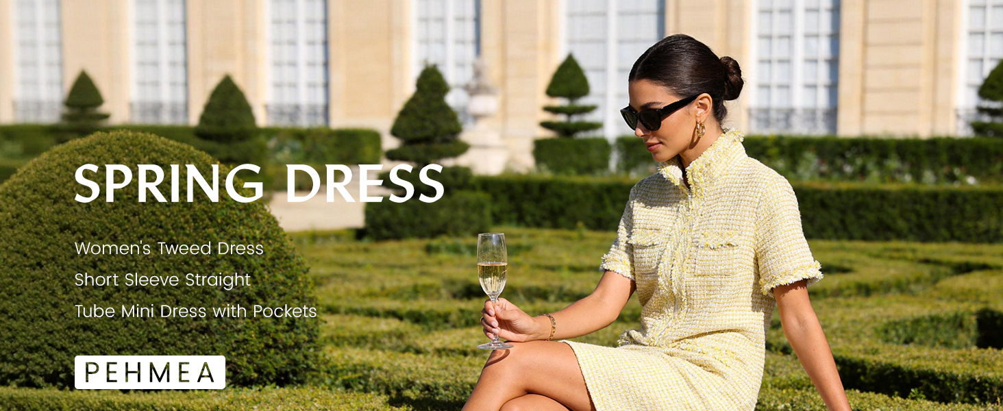 PEHMEA Womens Tweed Dress 2026 Short Sleeve Shift Mini Elegant Formal Work Cockt