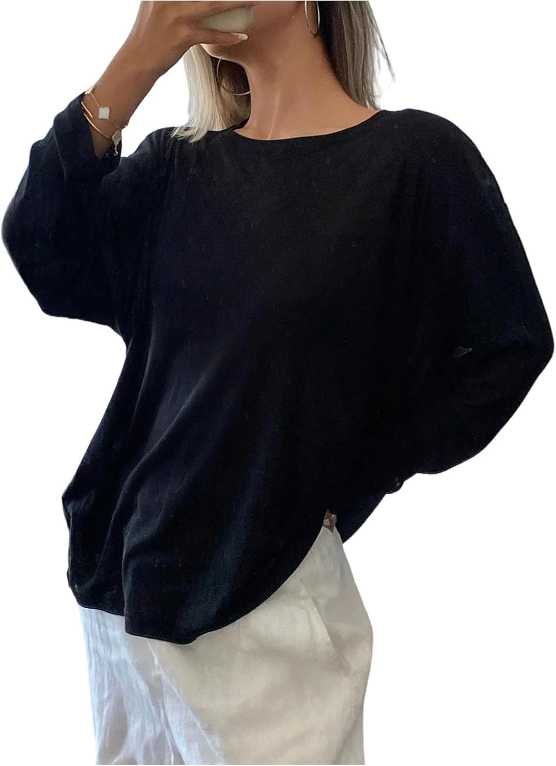 Milumia Women's Sheer Long Sleeve Oversized Tops Drop Shoulder Casual Tee T Shir