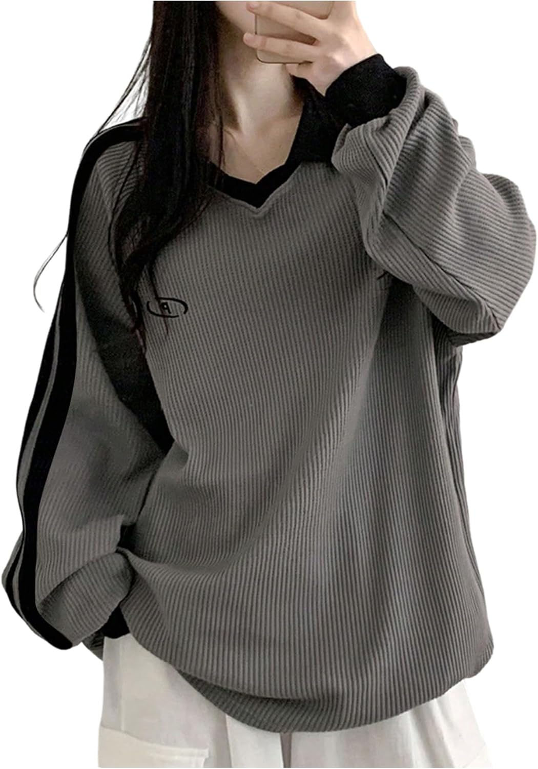 SHENHE Women's Oversized Sweatshirt Collared Striped Color Block Preppy Sweatshi