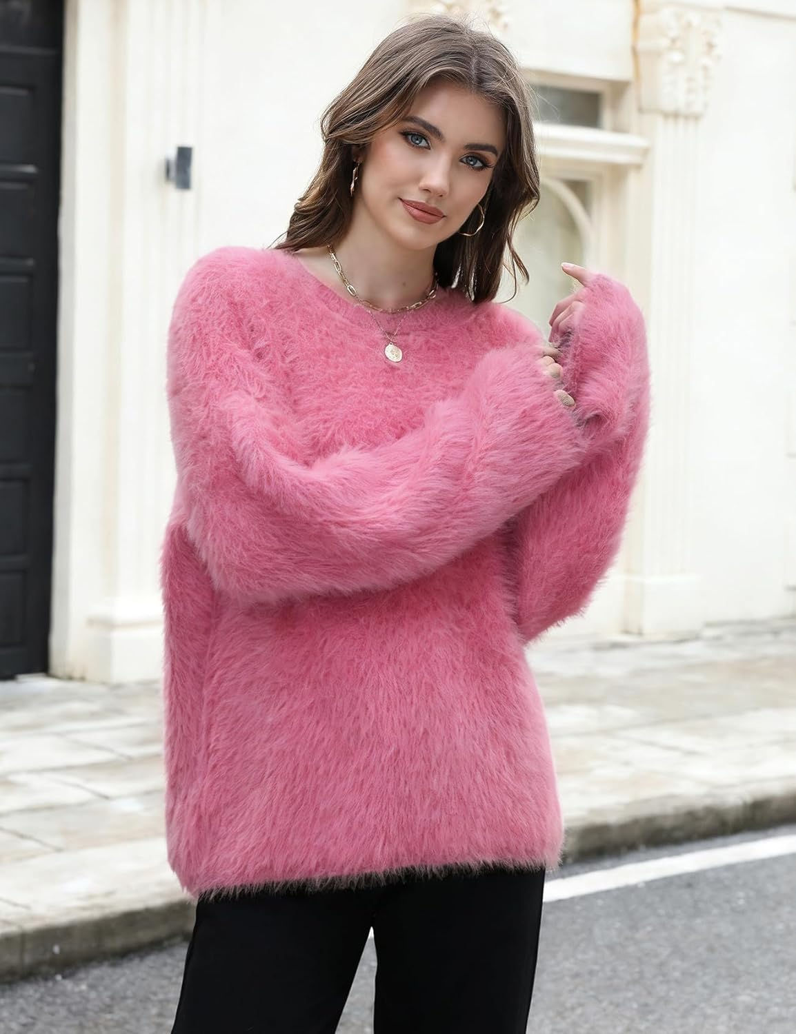 Wyeysyt Womens Fuzzy Sweaters Crewneck Fur Sweater Long Sleeve Furry Sweaters 20