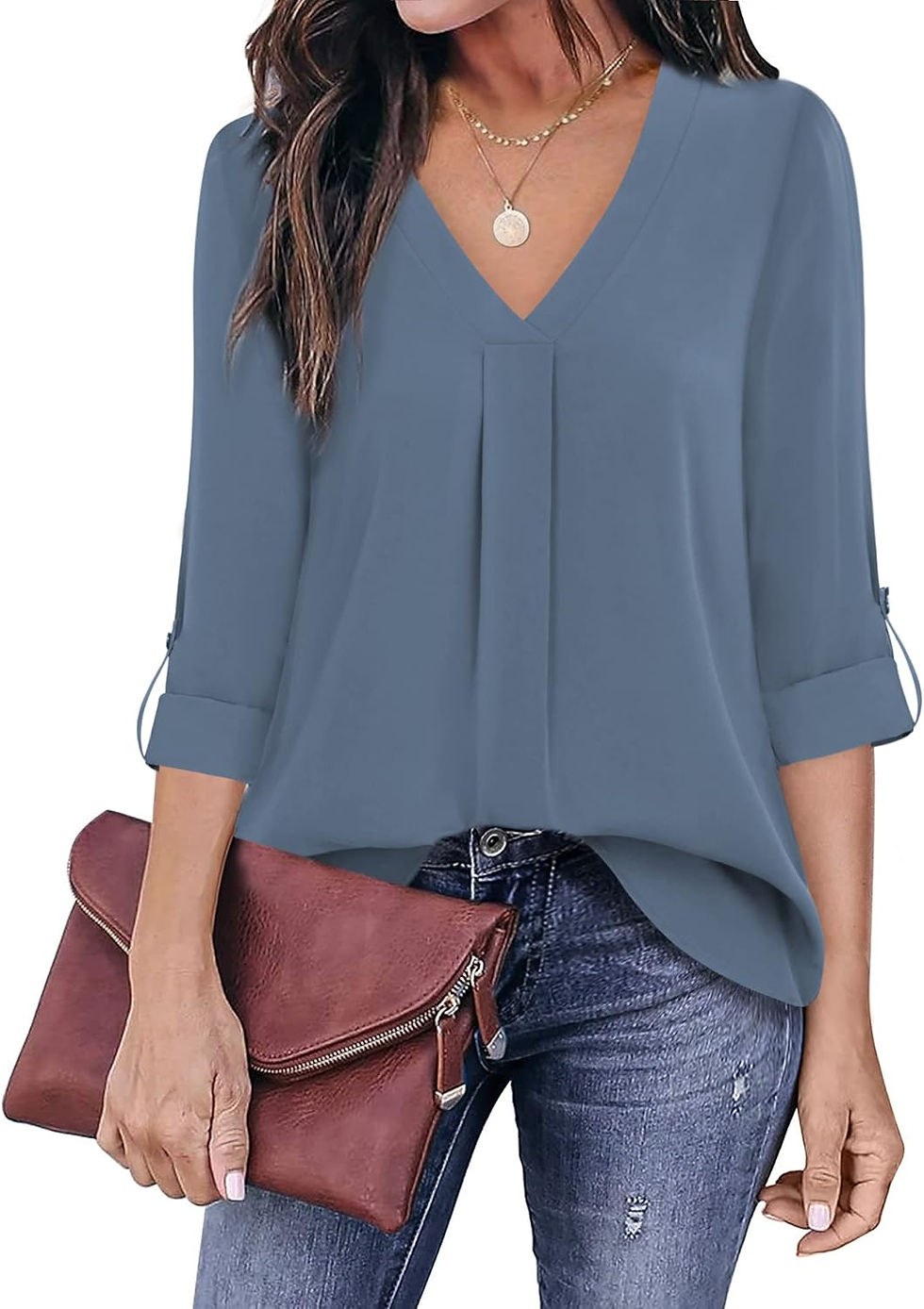 Thumbnail: Youtalia Womens Blouses Dressy Casual Business Tops 3/4 Sleeve Chiffon V Neck Wo