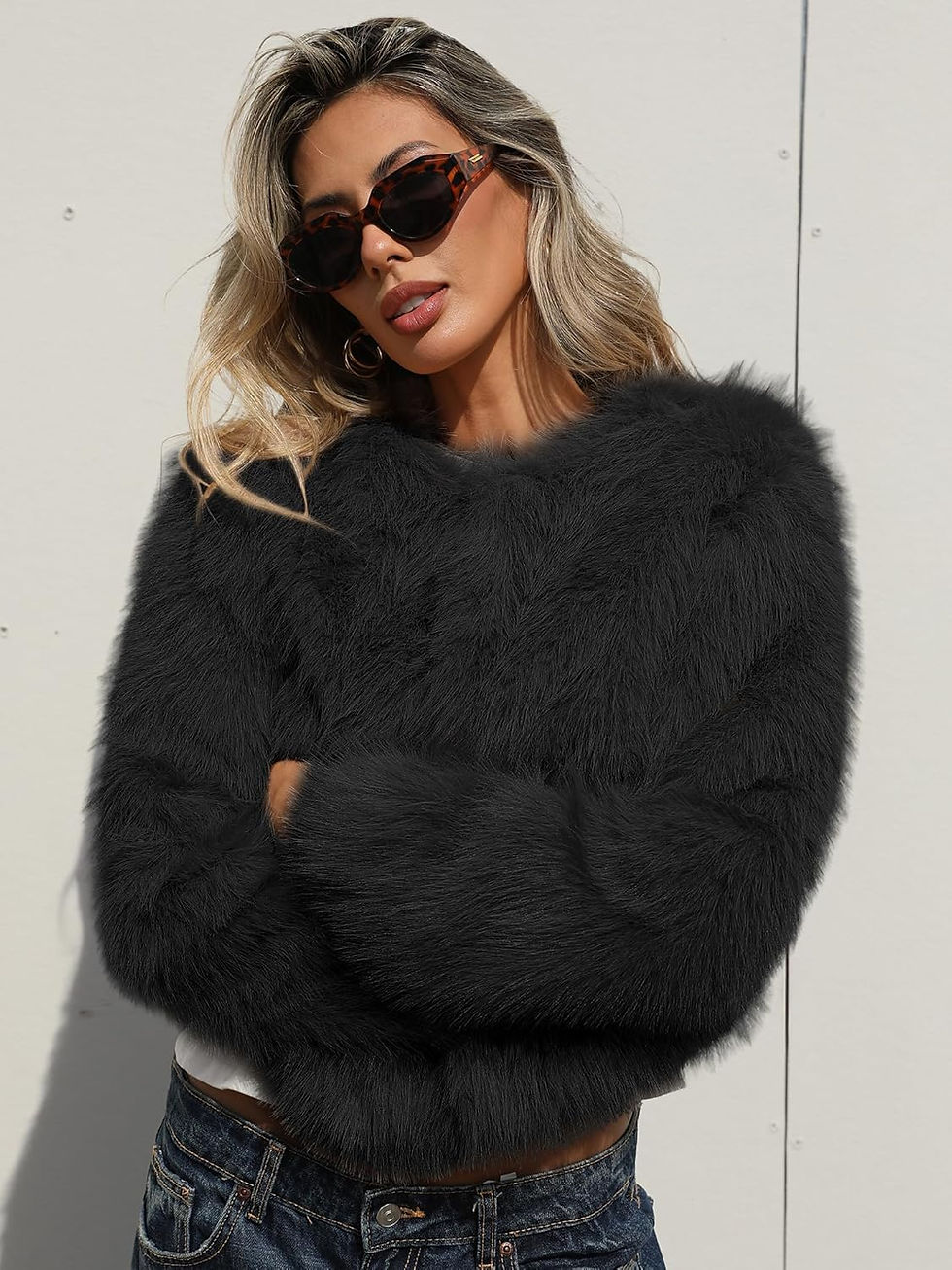 Thumbnail: ELLEVEN Women’s Fluffy Faux Fur Cropped Coat – Soft Warm Fashion Winter Jacket w