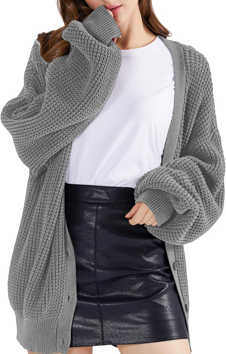 QUALFORT Cardigan Sweaters for Women 100% Cotton Button-Down Oversized Knit Oute