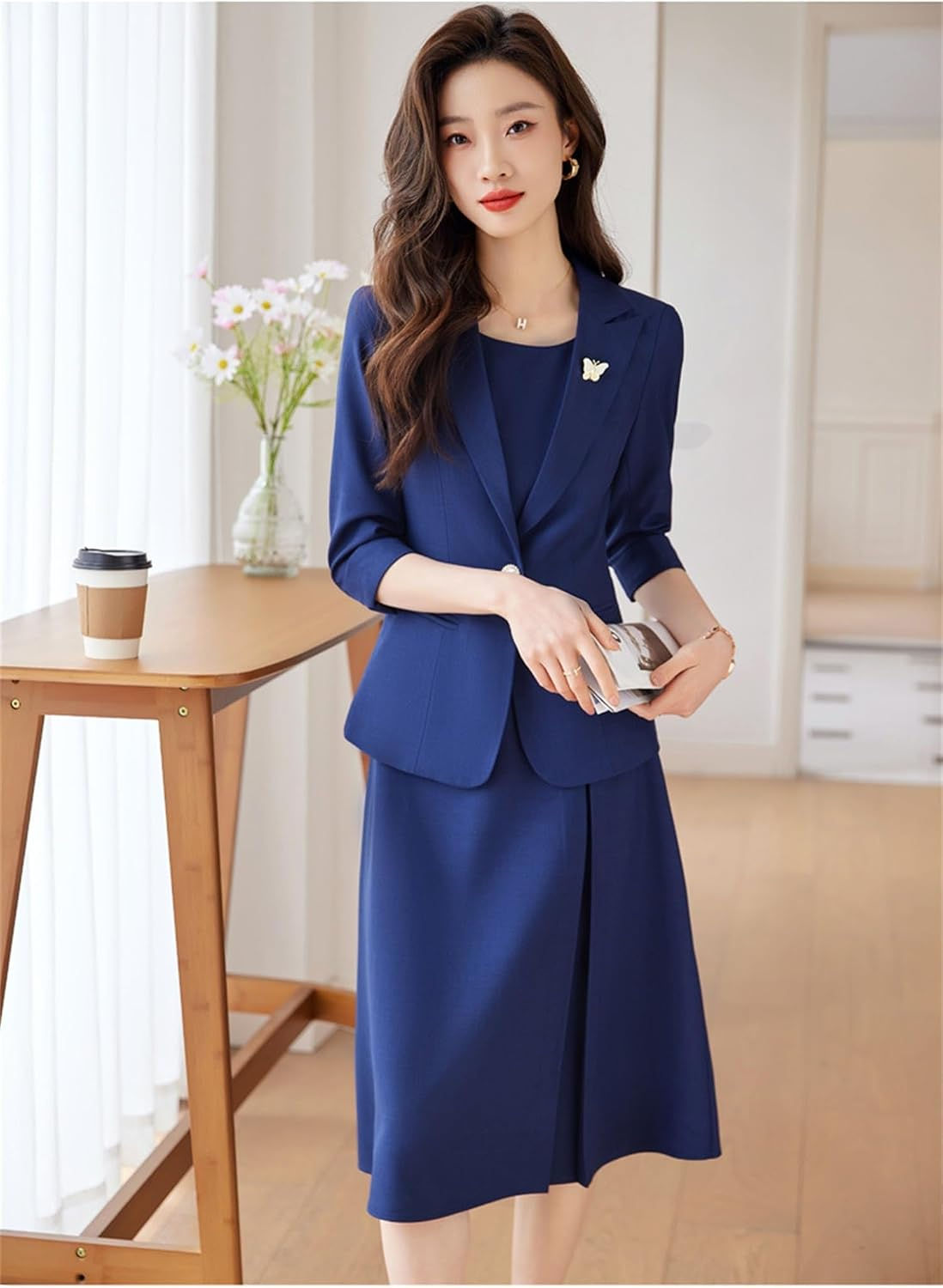 Women's Two Piece Blazer Dress Set 3/4 Sleeve Blazer and Midi Dress Suit for Wor