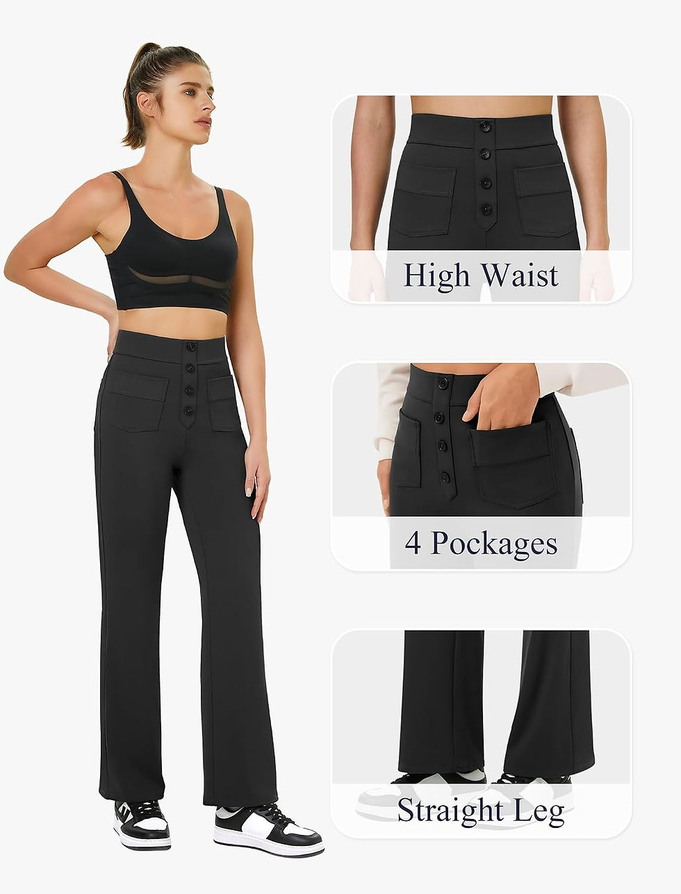 Thumbnail: Women's High Waisted Button Multiple Pockets Work Pants, Straight Leg Casual Str