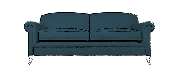 illustration of a blue two seat scroll arm davenport sofa