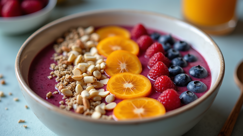 Close-up view of a colorful smoothie bowl topped with fresh fruits and nuts
