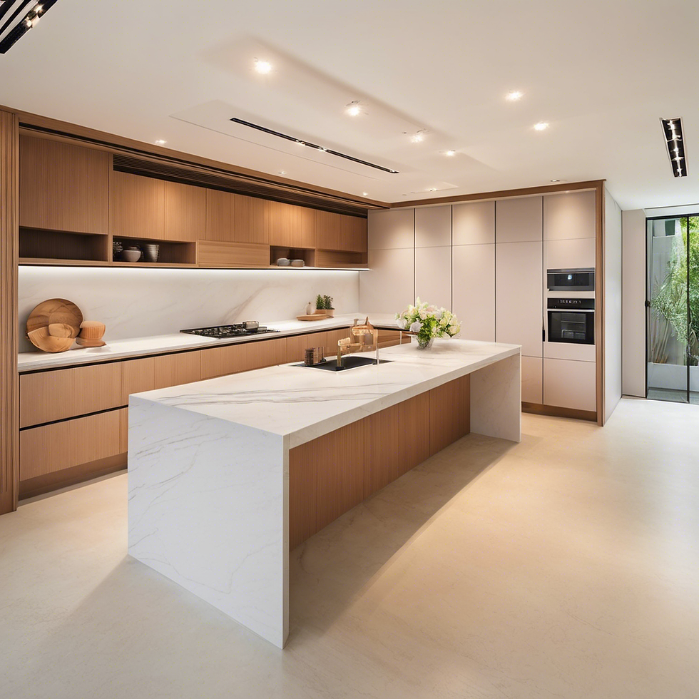 Modern kitchen with quartz countertops in white and wood cabinets, marble backsplash, and island. Contains plants, stools,evoking a fresh vibe.
