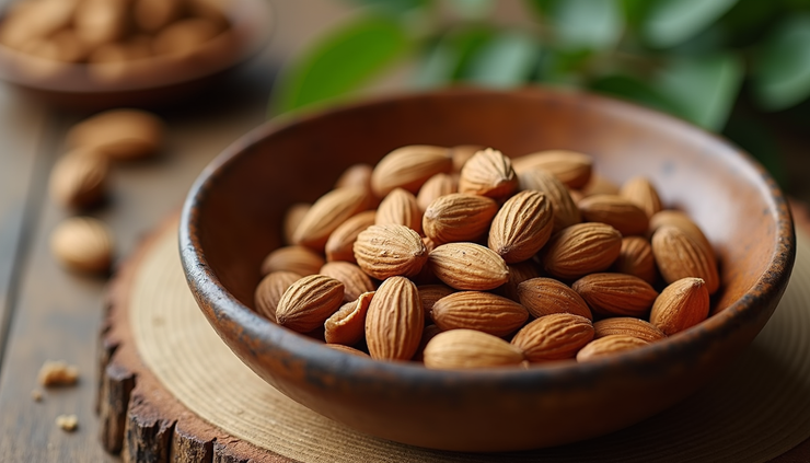 Close-up view of a bowl of amlou with almonds and argan oil