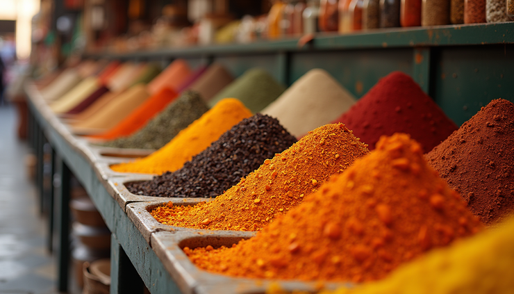 Eye-level view of colorful spice stalls at Souk Alhad Agadir