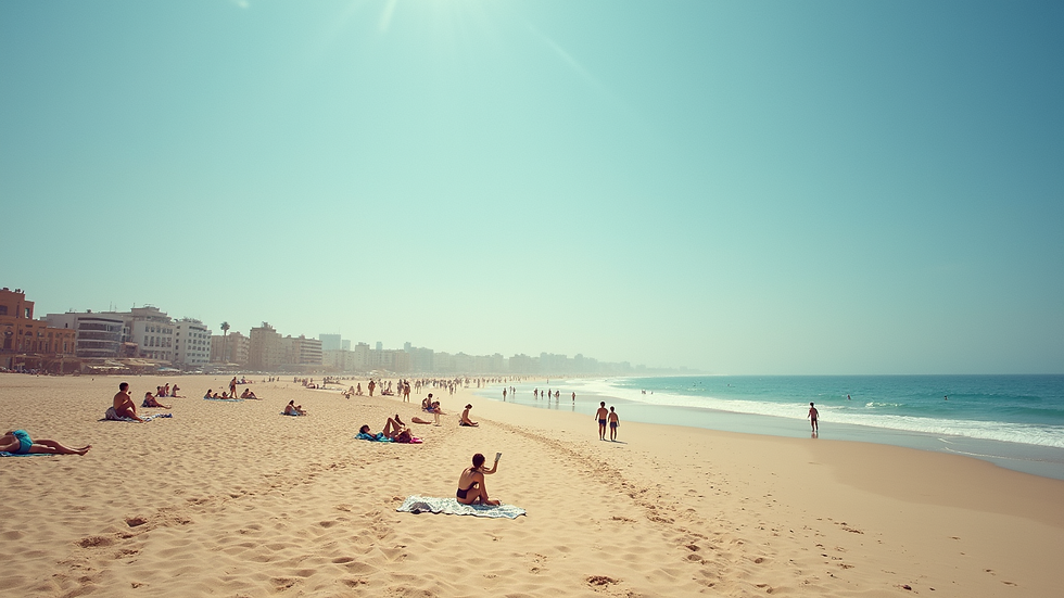 Wide angle view of Agadir beach with tourists enjoying the sun
