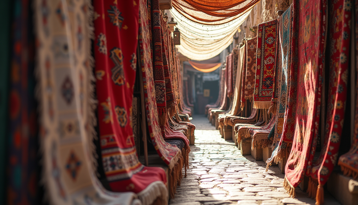 High angle view of traditional Moroccan rugs displayed at Souk Alhad Agadir