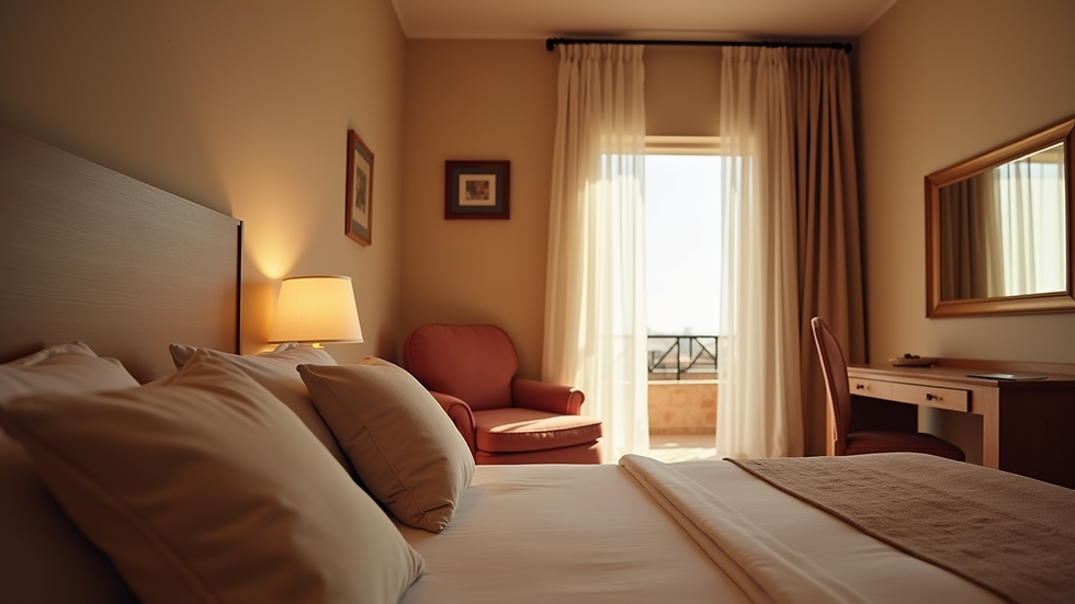 Eye-level view of a cozy hotel room in Agadir