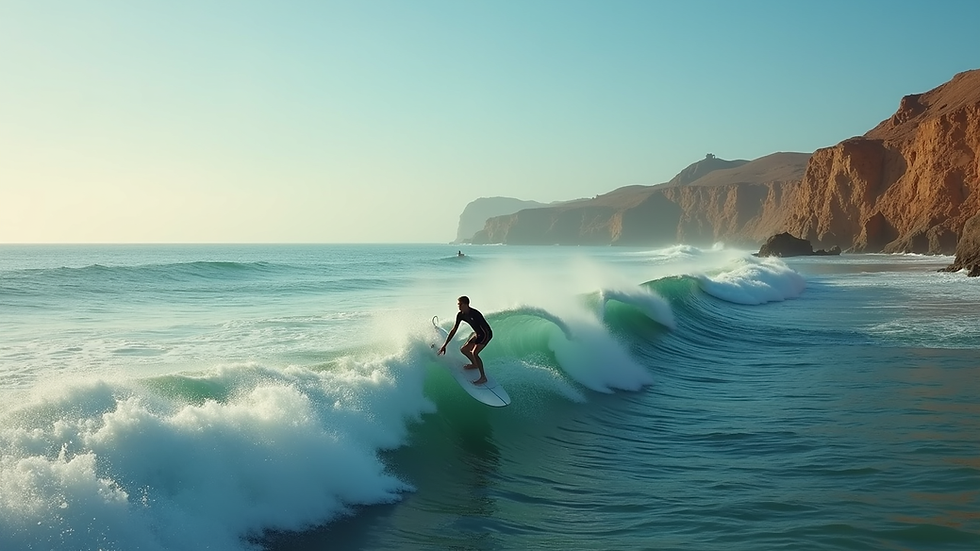 High angle view of a surfer riding a long right-hand wave at Cathedral Point in Imsouane