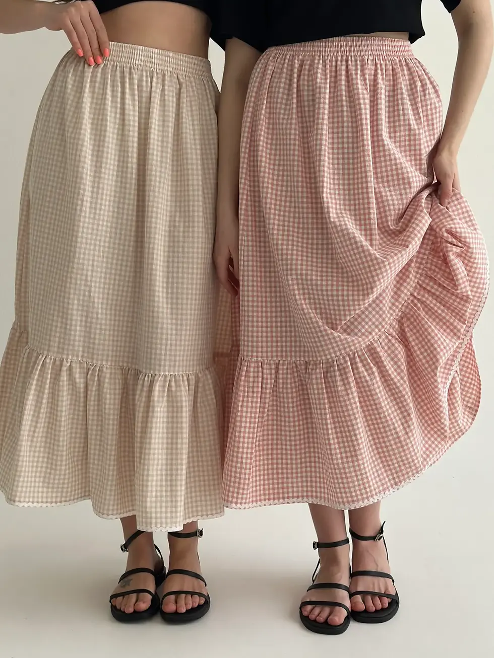 Прев'ю: Спідниця котон клітка довга з тасьмою пудра/молоко