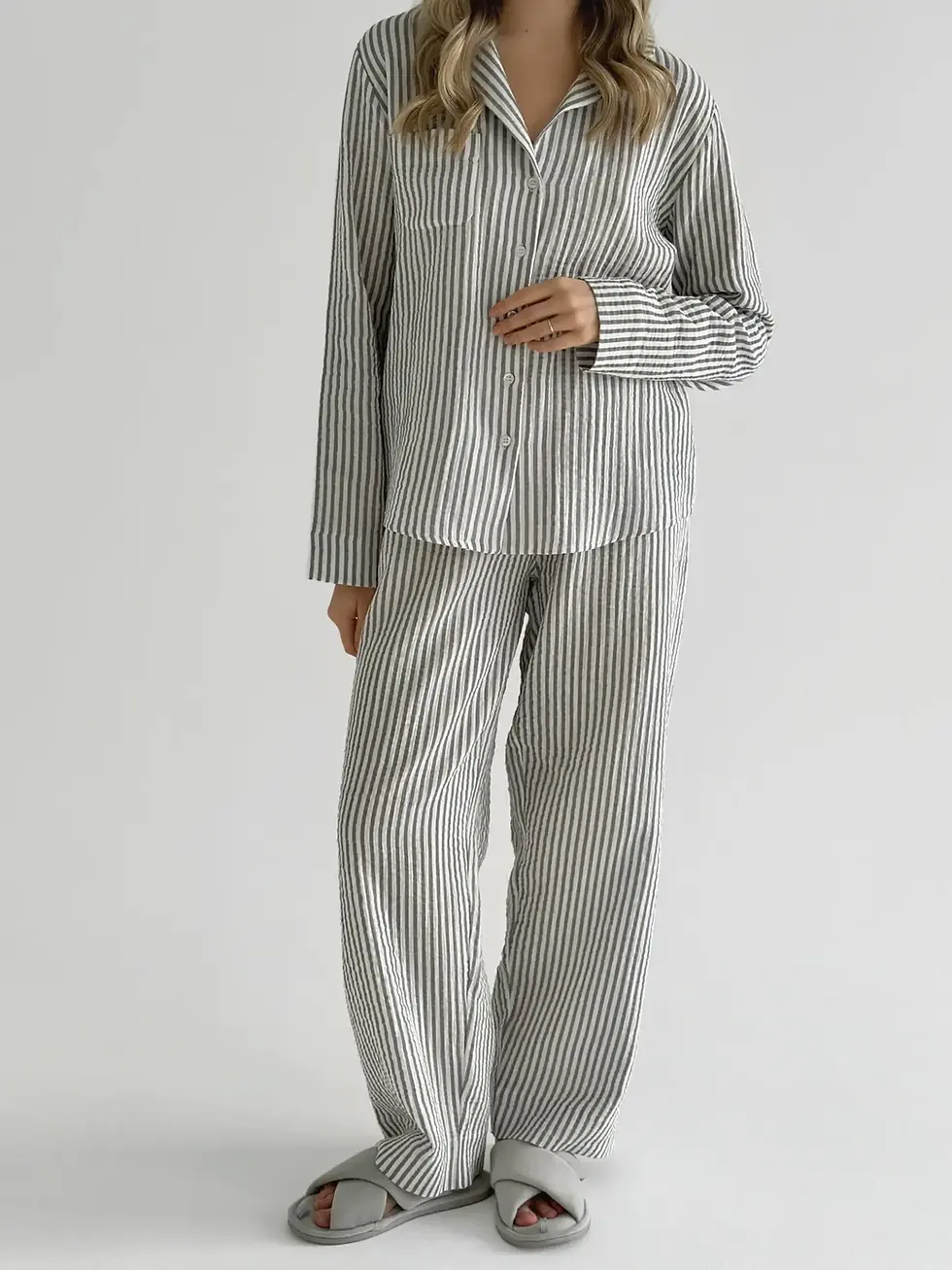 Прев'ю: Костюм сорочка та штани муслін смужка темно-сіра