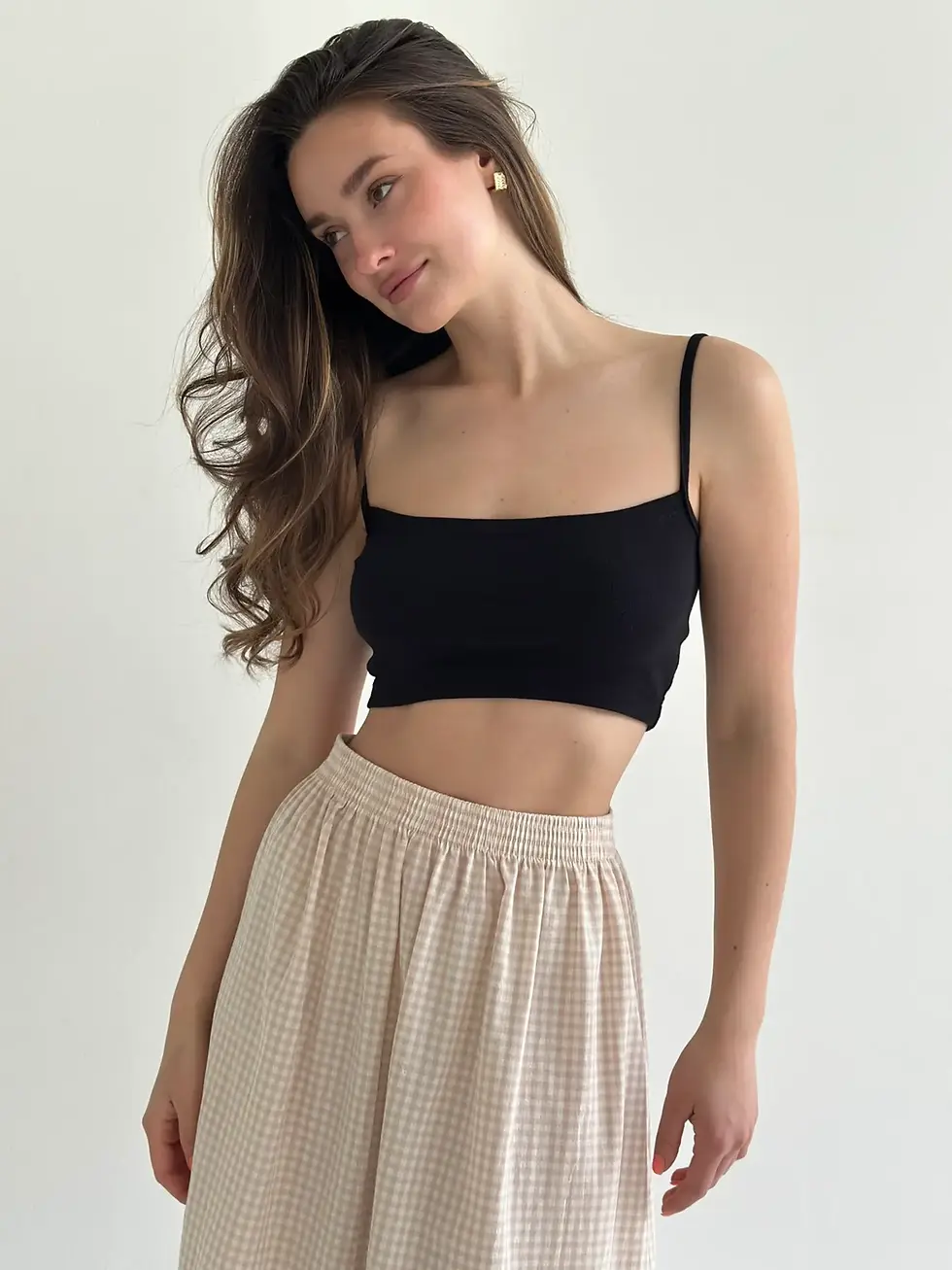 Прев'ю: Спідниця котон клітка довга з тасьмою беж/молоко