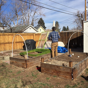 Cameron stands by his cold frame construction in garden. Image by Gwynne Middleton.