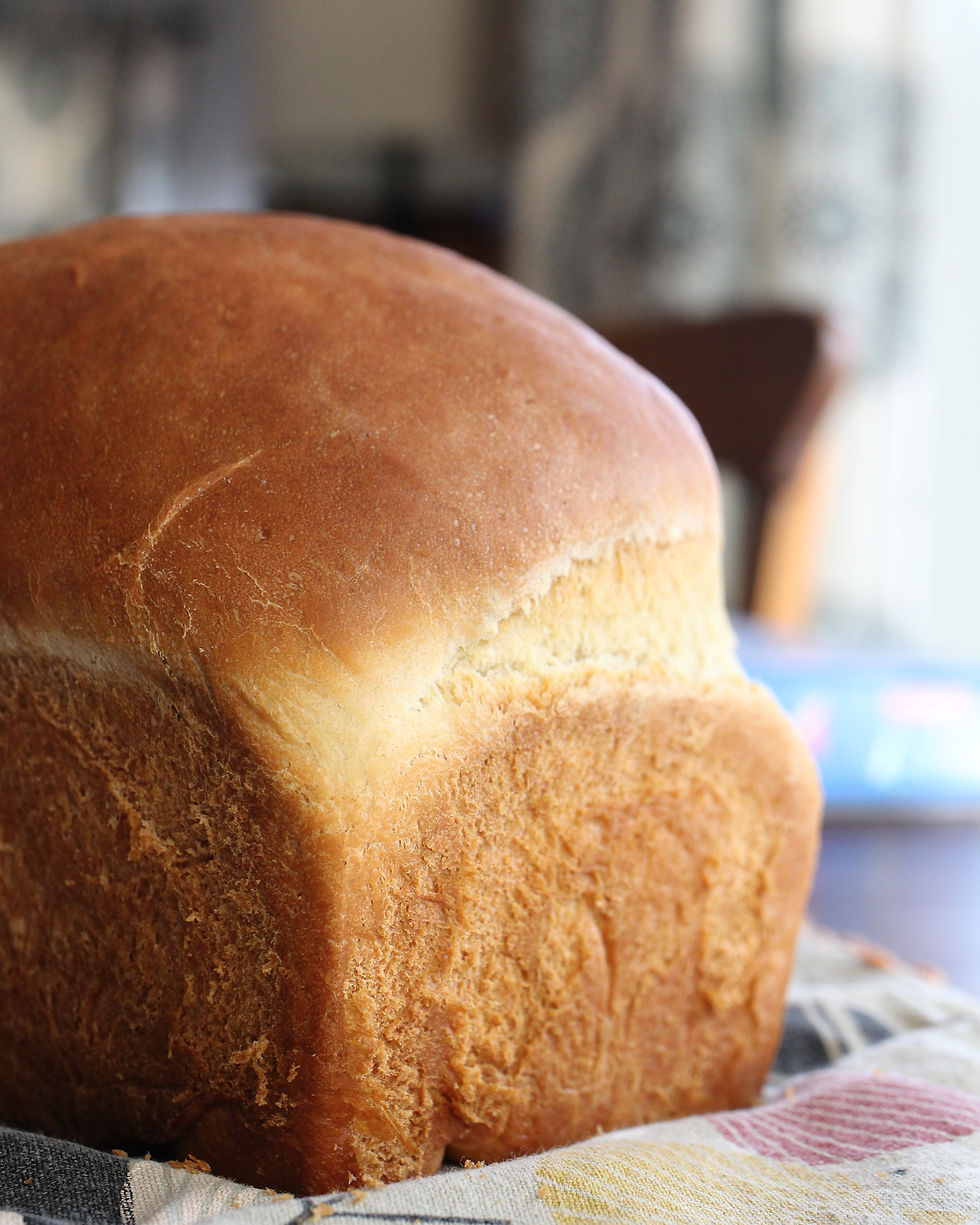 close-up of buttermilk honey bread placed on a decorative tea towel in natural lighting