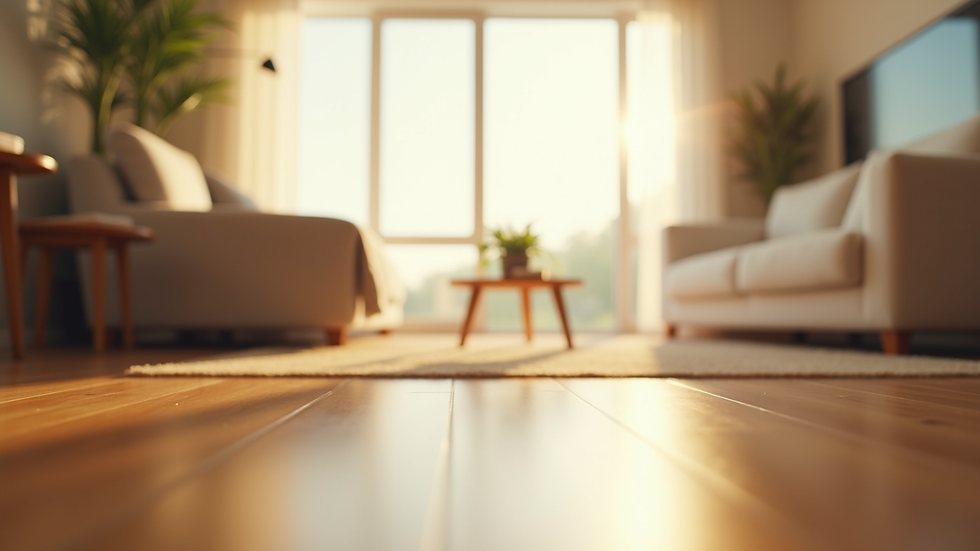 Close-up view of a clean living room with bright sunlight