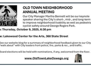 October 9th at 6:30pm Old Town Neighborhood Annual Meeting