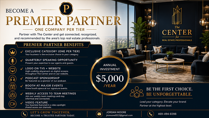 Graphic explaining the Premier Partner affiliate level . For $5,000 a year, you get membership in an exclusive category where you will be the only representative of your industry, a quarterly speaking opportunity, logo on TVs and website, podcast sponsorships, a booth at major events, weekly access to team meetings, and a video feature.