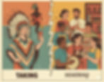 Retro-style poster contrasting cultural appropriation with appreciation. One side shows a person taking from another's culture, while the other side shows people respectfully sharing