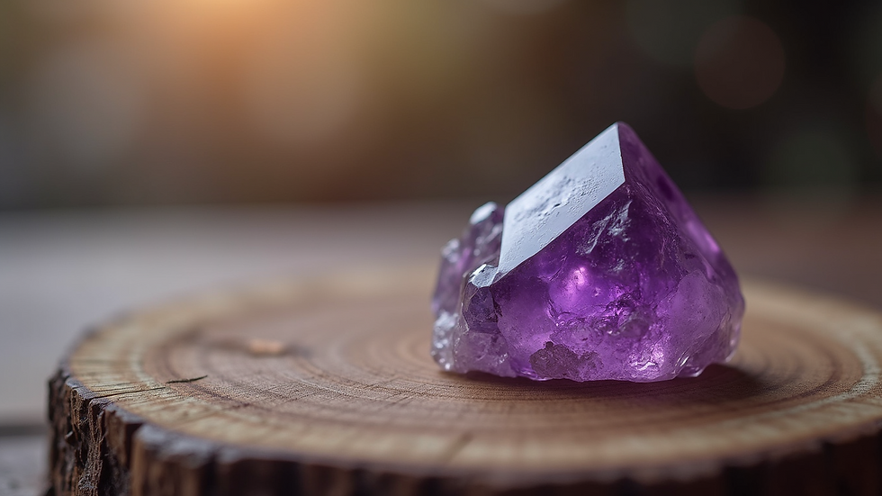 Close-up view of polished amethyst crystal on a wooden surface