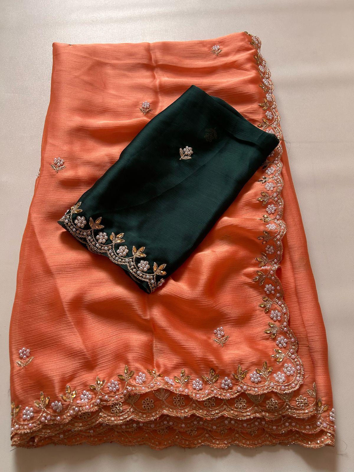 Chiffon crush embroidery silk saree