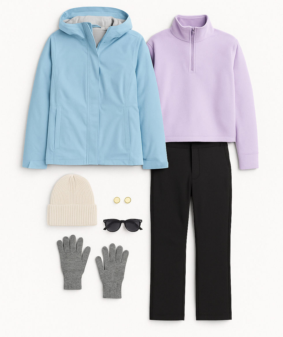 Light blue jacket, lavender top, black pants on white background. Cream beanie, gray gloves, sunglasses, gold earrings arranged nearby.