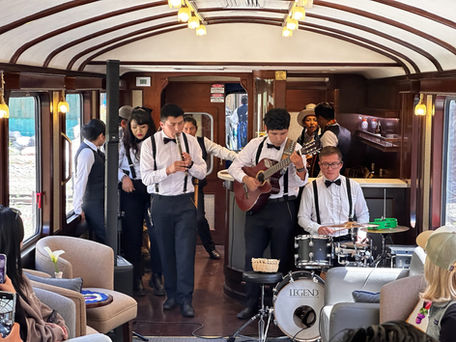 PeruRail Vistadome Band performing in the observation car en route to Machu Picchu