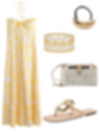 Yellow floral strapless dress with matching beige sandal, gold and pearl bracelets, a gold ring, and lace clutch on white background.