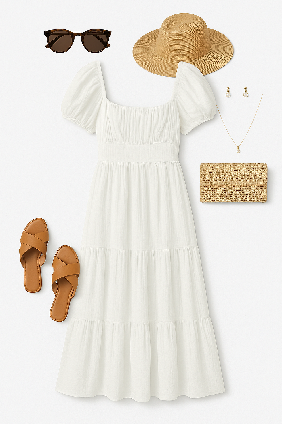 White dress with short sleeves, brown sandals, beige sun hat, sunglasses, woven clutch, pearl earrings, and necklace on white background.