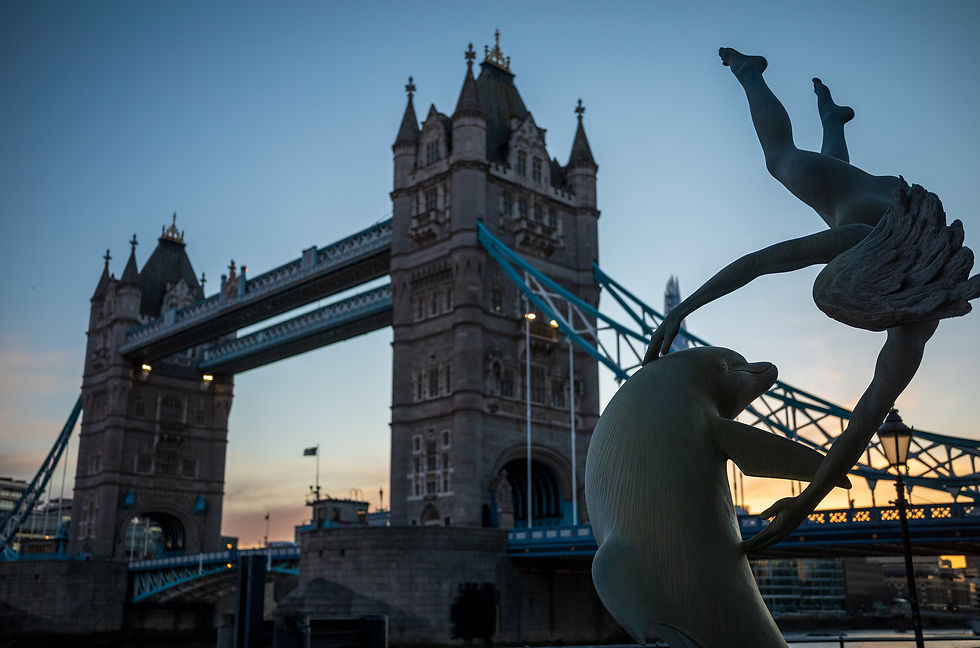 A bridge with two gothic style towers arises against a sunset in the background. In the foreground is a statue of a child playing with a seal.
