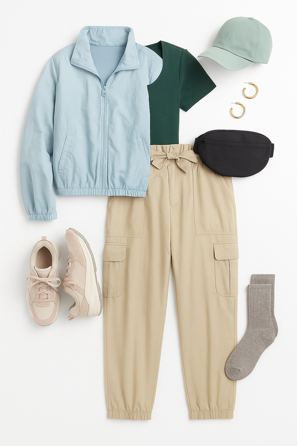 Casual outfit: light blue jacket, green shirt, beige cargo pants, pink sneakers, mint cap, gray socks, black belt bag, gold hoops.