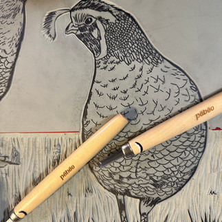 Pebeo carving gouges on top of quail lino carving by Molly Gray